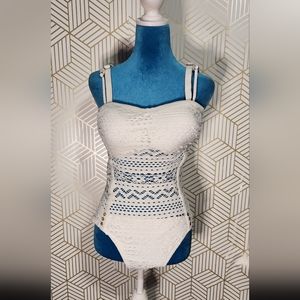 Womens off white bodysuit/bathing suit with lace accent (size 8)